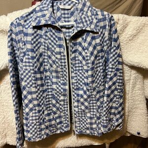 Stylish Blue and White Erin London Plaid Women's Jean Jacket